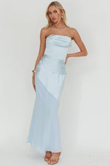 Moon Aura Pleat Detail Strapless Maxi Dress Blue