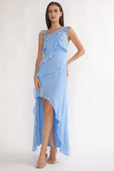 Arrabel Asymmetric Hem Ruffle Maxi Dress Pale Blue