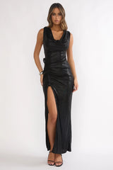 Lyrah Cowl Ruched Maxi Dress Black