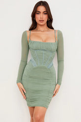 green gathered corset dress