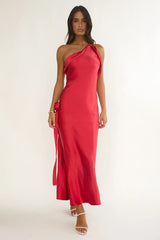 Star Fall One-Shoulder Rosette Maxi Dress Red