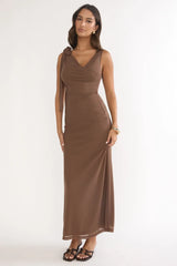 Cavelle Tie Shoulder Mesh Maxi Dress Chocolate