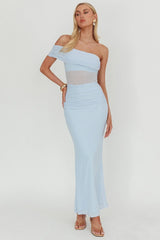 Gala One-Shoulder Sheer Waist Maxi Dress Blue